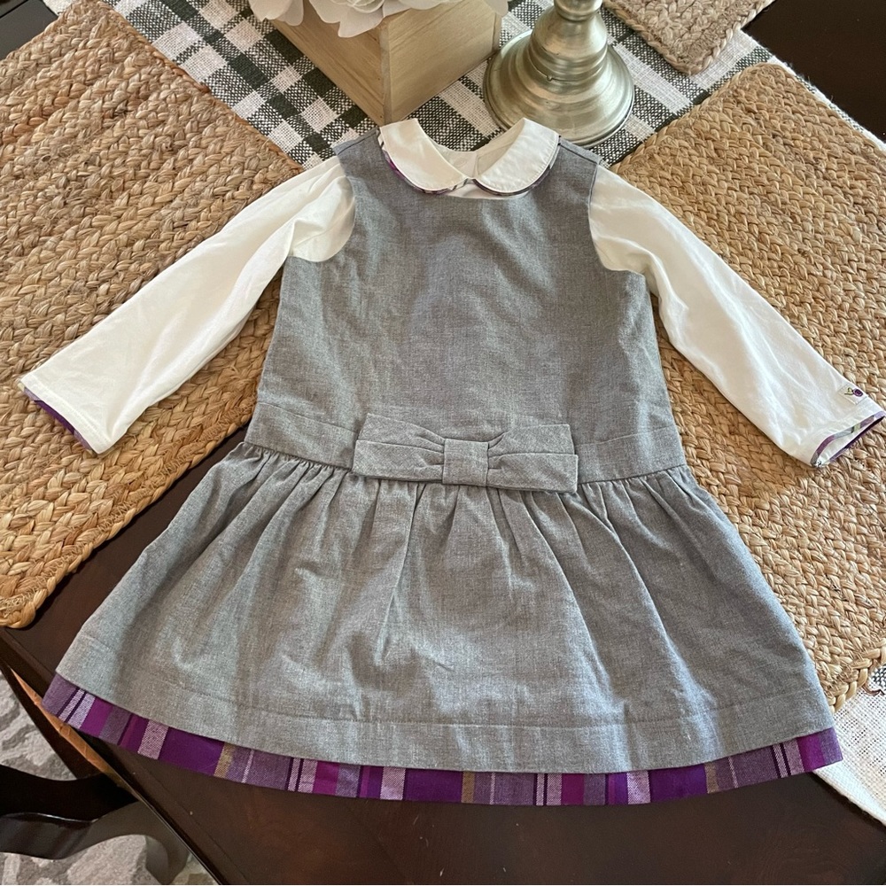 Janie and Jack Grey overall dress plus Peter Pan collar shirt